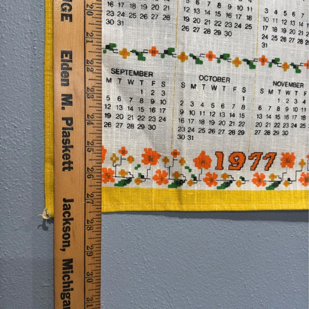 Vintage 1977 Linen Wall Calendar Bless This House Retro Kitsch Yellow 16.5x27.5